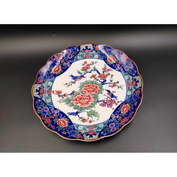 Vintage Blue Bird Rose Floral Scalloped Charger Plate Hirano Made in Japan 12.5" - Picture 3 of 11